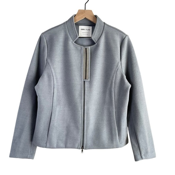 AMS Pure Jackets & Blazers - AMS Pure Wool Blend Mockneck Zip Front Blazer Jacket in Light Grey Blue, Size 12